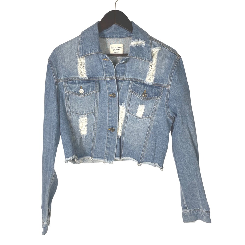 Love Tree Denim Cropped Distressed Jean Jacket Raw Hem Blue Medium‎ 100% Cotton